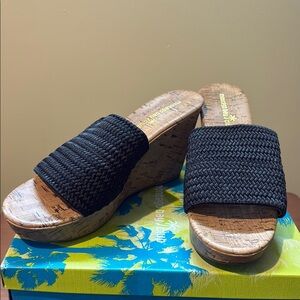 Women's Black Woven Wedge Sandals